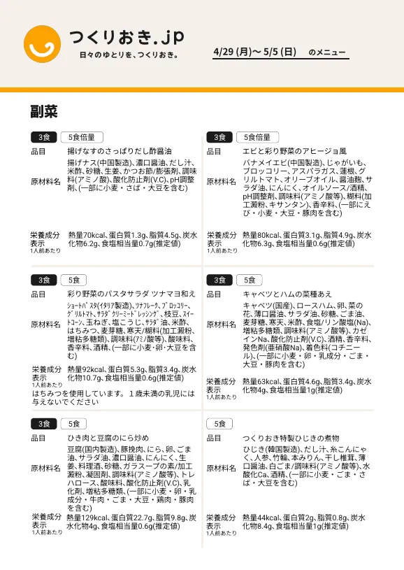 つくりおき.jpの成分表サンプル