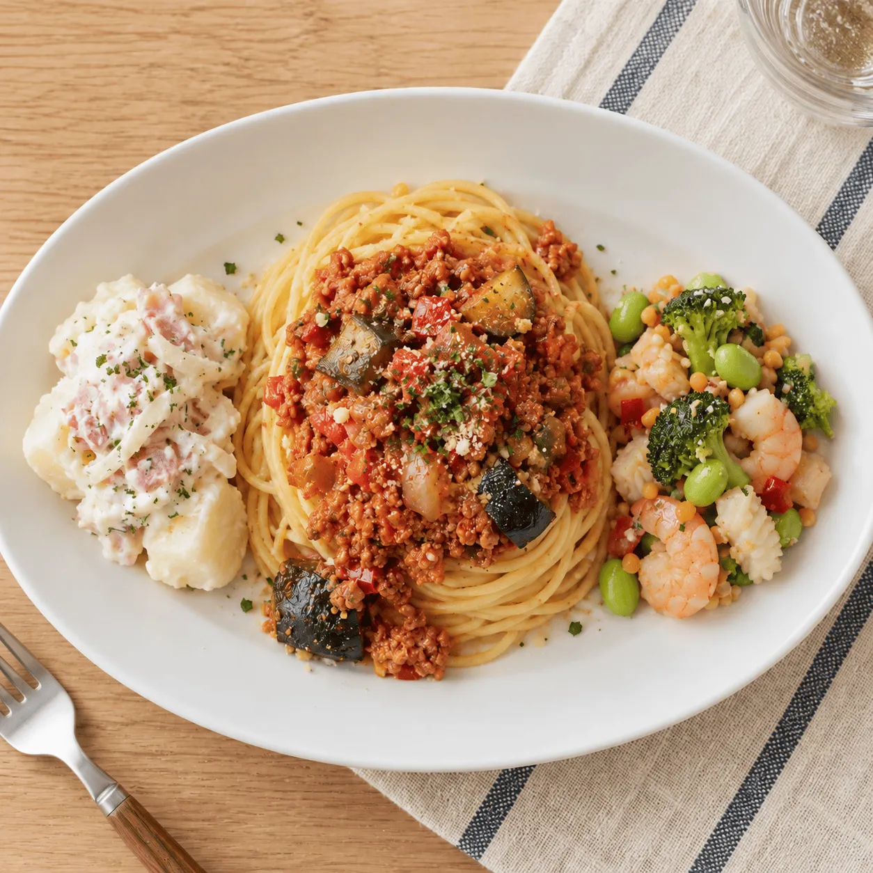 パスタやご飯に！ボロネーゼ、ベーコンクリームポテト、海鮮のグレインズサラダを盛り付けた様子